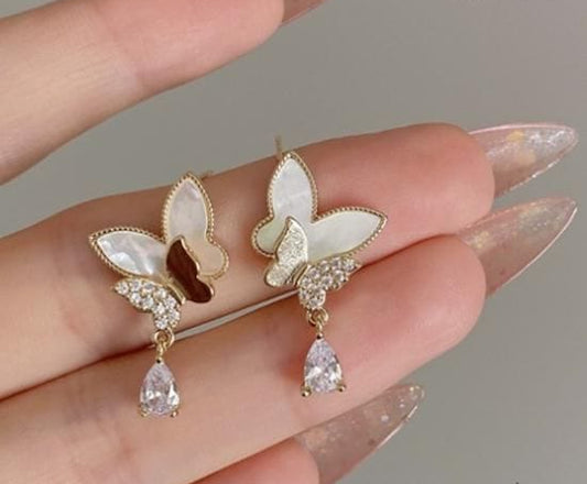 Double Butterfly Hanging Pearl Earrings Jewelry