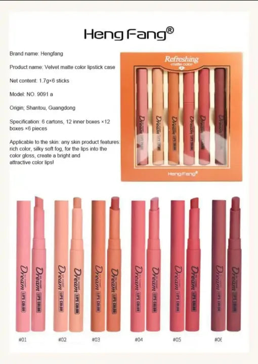 Hengfang Matte Lipstick [6 Pcs Set] Cosmetics (Free Shipment)