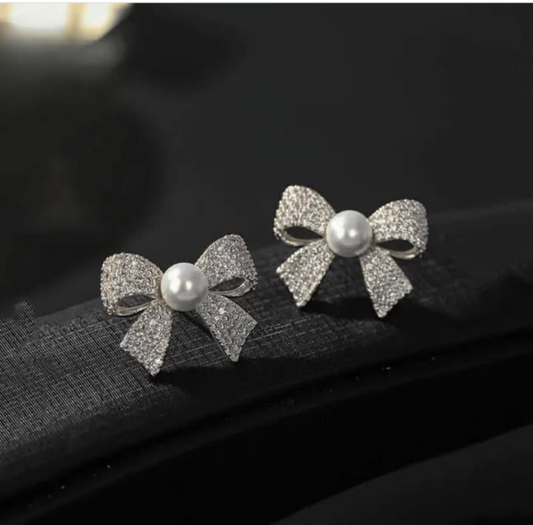 Korean Elegant Zircon Bow Style Earrings With Pearl Jewelry