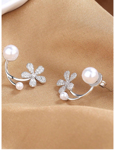 Elegant Korean Zircon Flower Pearl Front Back Earrings Jewelry