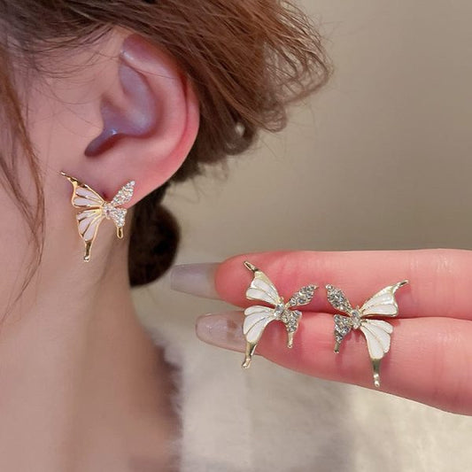 Luxury Korean Style Elegant Dual Tone Zircon Butterfly Stud Earrings Jewelry