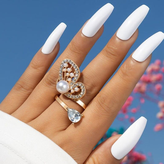 Elegant Butterfly/Pearl Adjustable Ring Jewelry