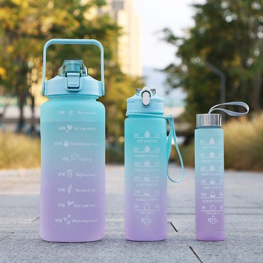 Sports Water Bottles 3 Pcs Set With Motivational Time Marker & Leak Proof Flip Top Lid Accessories (Free Shipment)